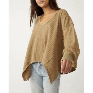 We The Free People Coraline Thermal Top Olive Tapenade Oversized XS Waffle Knit